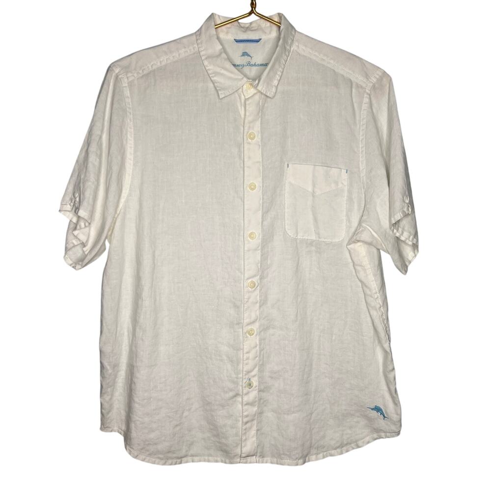 Tommy Bahama White Linen Camp Shirt Mens Size XL Casual Button Front Swordfish